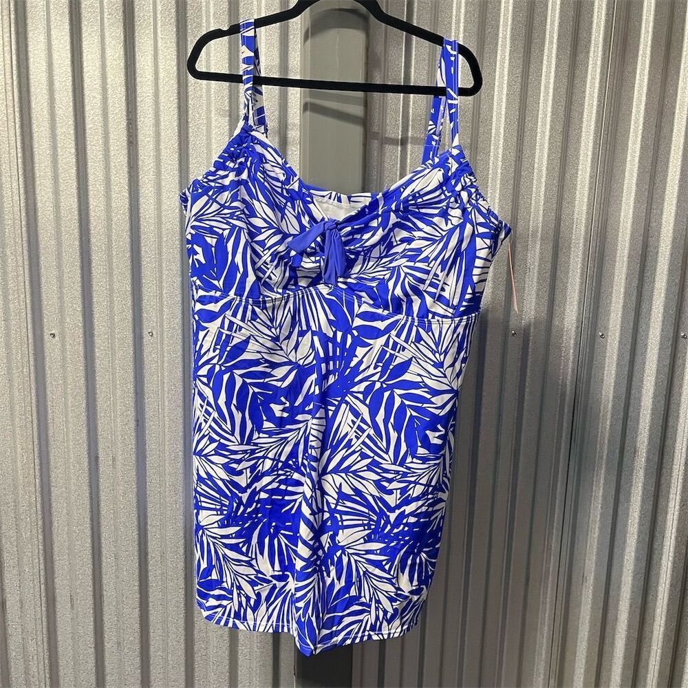 Swimsuits For All Swimsuit Women's 26 Plus Size Blue Leaf‎ Print Swimdress 4X